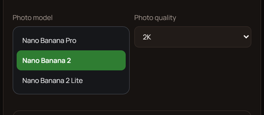Nano Banana model selection in the Reelora dropdown