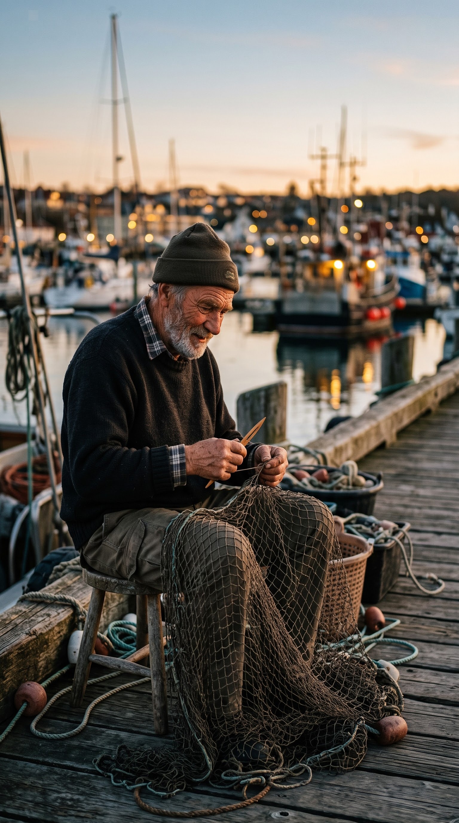 generated storyboard frame of a fisherman mending a net