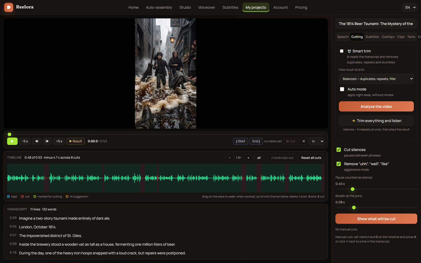 Timeline einer langen Podcast-Aufnahme vor dem automatischen Kürzen