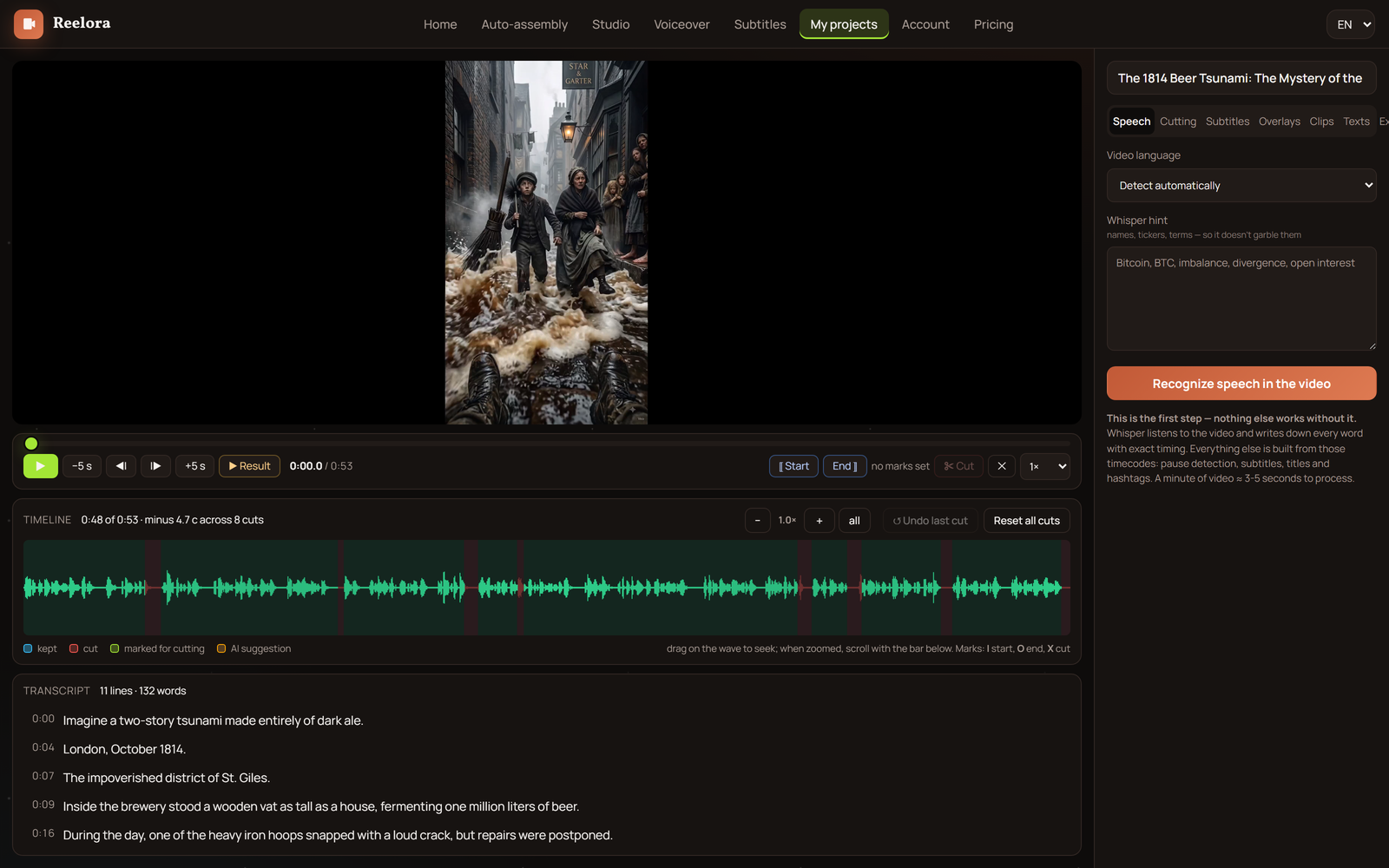 Timeline de edición con pista de audio y clips de vídeo