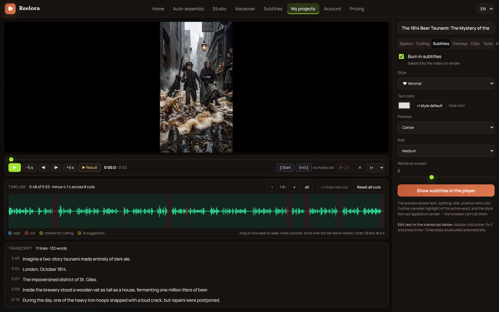 Reelora-Editor-Oberfläche mit Timeline und Szenen